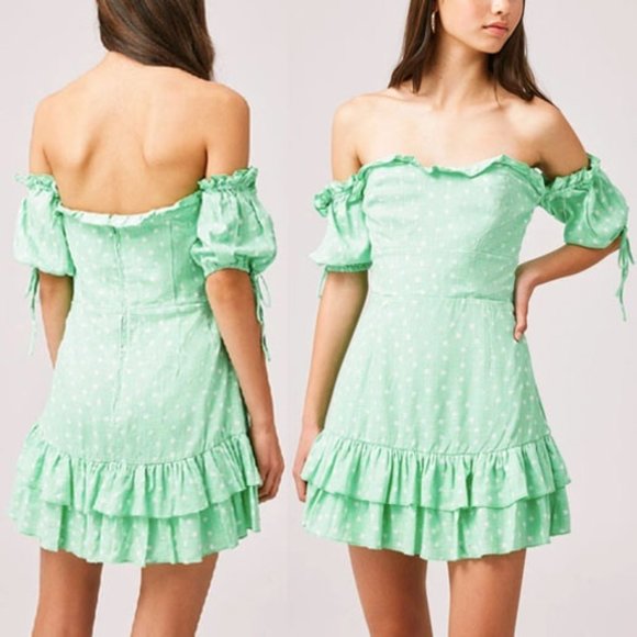 Finders Keepers Off Shoulder Ruffle Wildflower Mini Dress in Mint Ditsy $145 M 6 - Picture 2 of 8